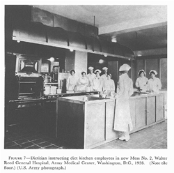 FIGURE 7. Dietitian instructing diet kitchen employees in new Mess No. 2, Walter Reed General Hospital, Army Medical Center, Washington, D.C., 1928. (Note tile floor.) (U.S. Army photograph.)