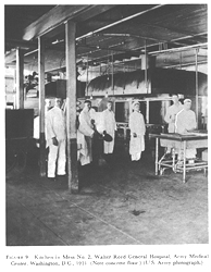 FIGURE 9. Kitchen in Mess No. 2, Walter Reed General Hospital, Army Medical Center, Washington, D.C., 1921. (Note concrete floor.) (U.S. Army photograph.) 