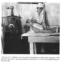 FIGURE 12. Uniform worn by physical therapists in some Army hospitals, 1920. Physical therapist is giving peripheral stimulation by means of a high frequency vacuum tube.