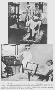 FIGURE 17. Electric treatment in physical therapy. (Top) Static condenser discharge. Metal electrode placed over cervical spine and patient charging and discharging in synchronism with the Leyden jars. (Bottom) Bergonie chair used for general electric treatment. (U.S. Army photograph.)