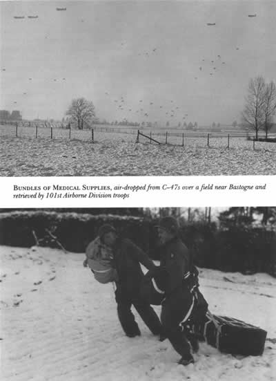 BUNDLES OF MEDICAL SUPPLIES, air-dropped from C-4 7s over afield near Bastogne and retrieved by 101st Airborne Division troops