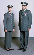 male Class A uniform and female Class A pant uniform; click to enlarge