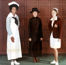 Army School of Nursing student white duty uniform, service uniform, and student maroon jacket; click to enlarge