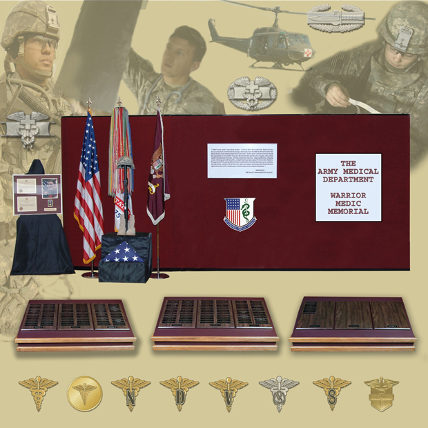 Warrior Medic Memorial collage of images of Soldiers, plagues, flags, insignias. 