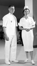 1950s to early 1970s male and female white hospital duty uniform; click to enlarge
