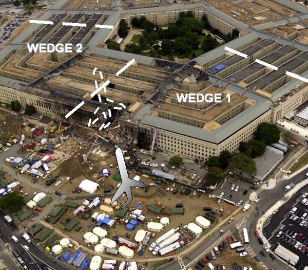 Aerial view of where plane hit the pentagon